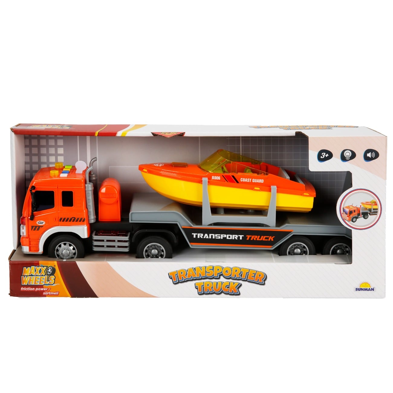 Camion de tractat cu lumini si sunete, Barca, Maxx Wheels, 1:16, Portocaliu