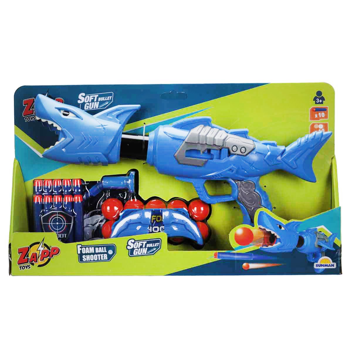 Arma de jucarie cu 10 sageti si bile din burete, Zapp Toys, Shark, Albastru