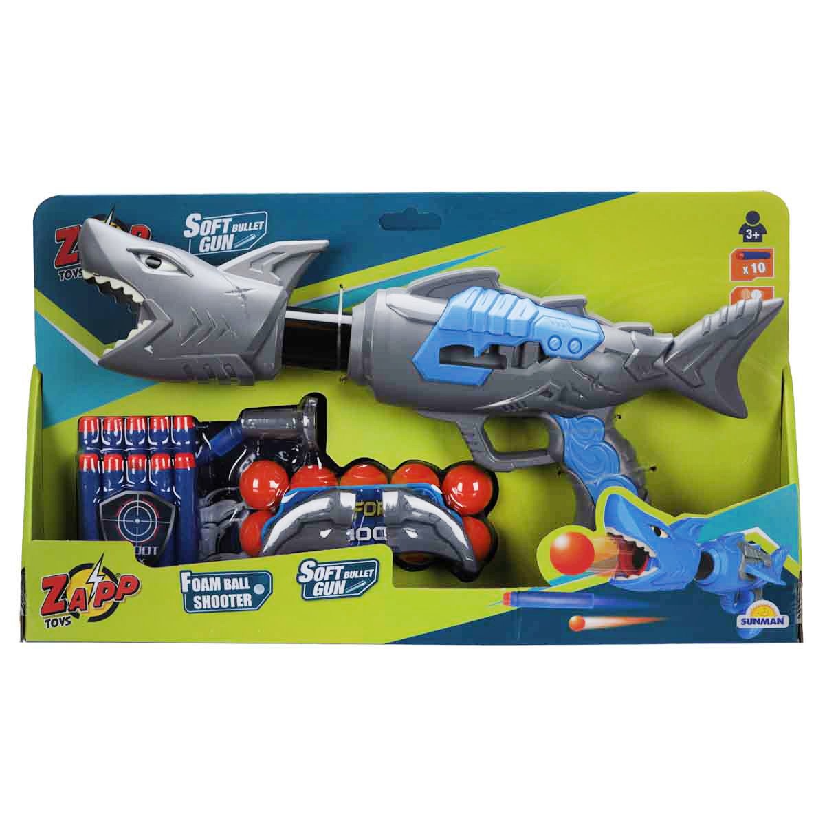 Arma de jucarie cu 10 sageti si bile din burete, Zapp Toys, Shark, Gri