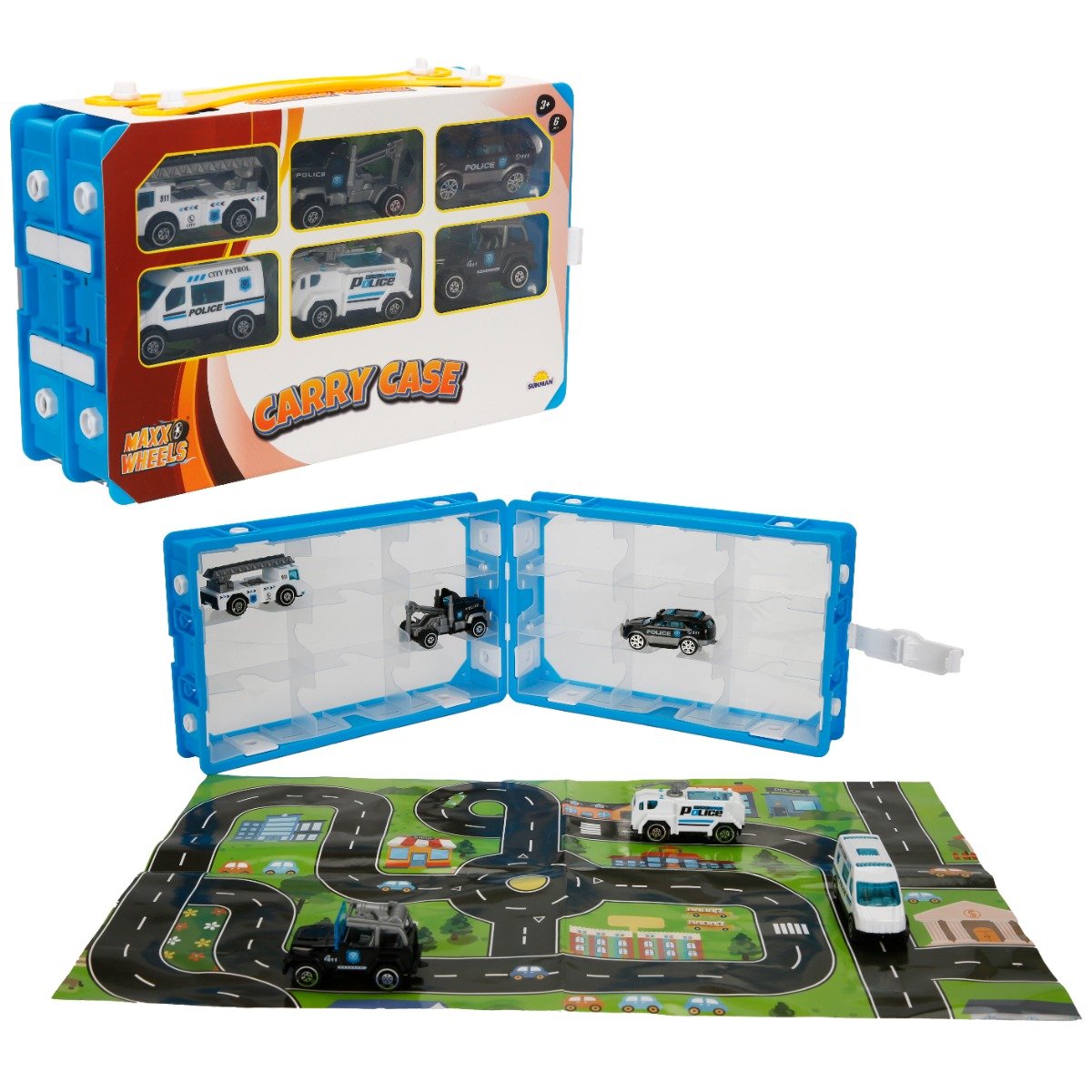 Set 6 vehicule si harta orasului, Maxx Wheels, Carry Case, 1:64