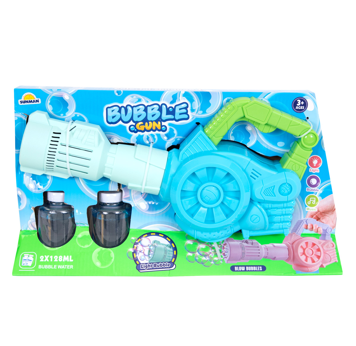 Pistol de facut baloane cu lumini si sunete, Bubble Gun, 256 ml, Albastru