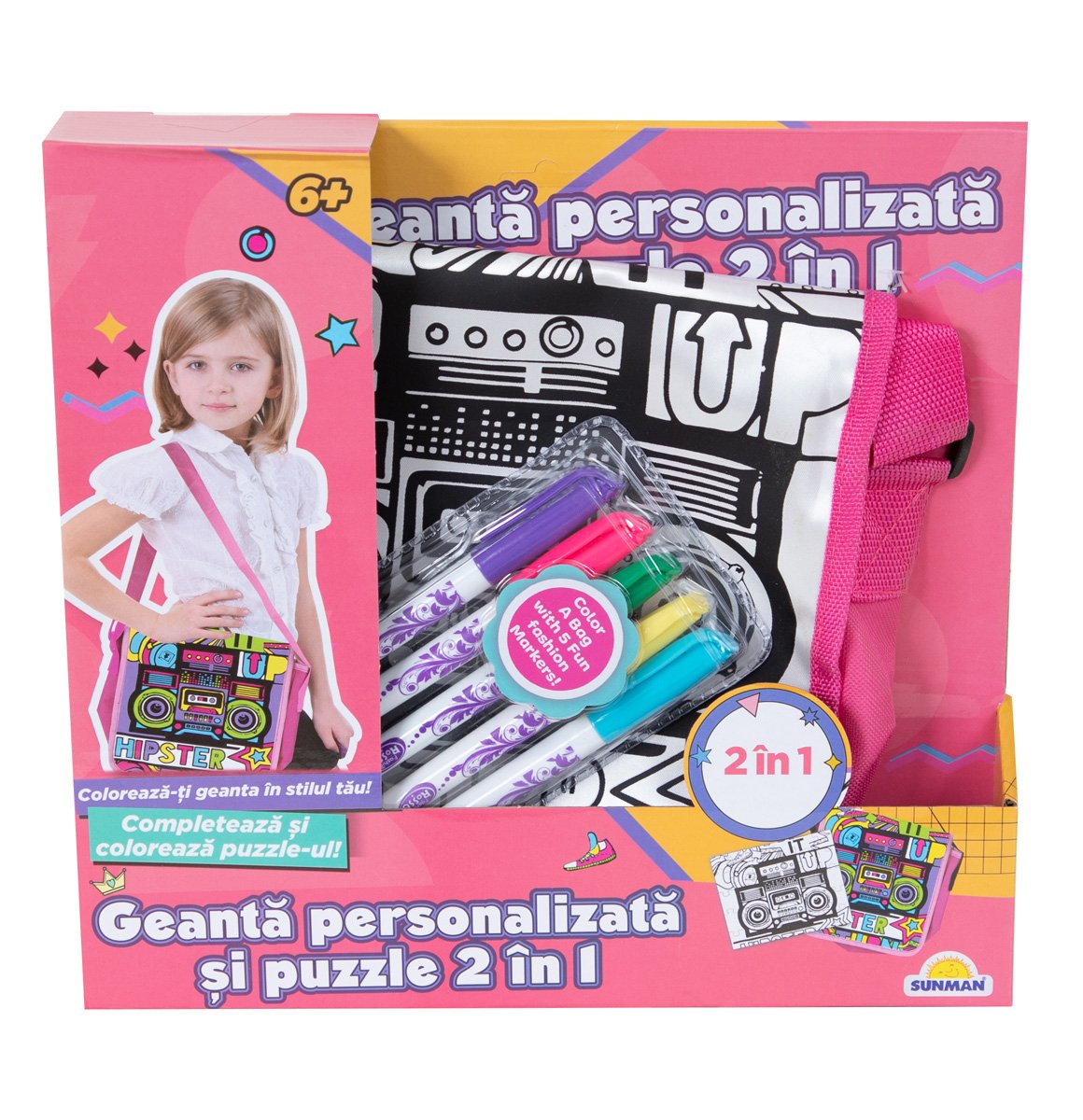 Geanta personalizata si puzzle 2 in 1, Pretty Pinky, Hipster