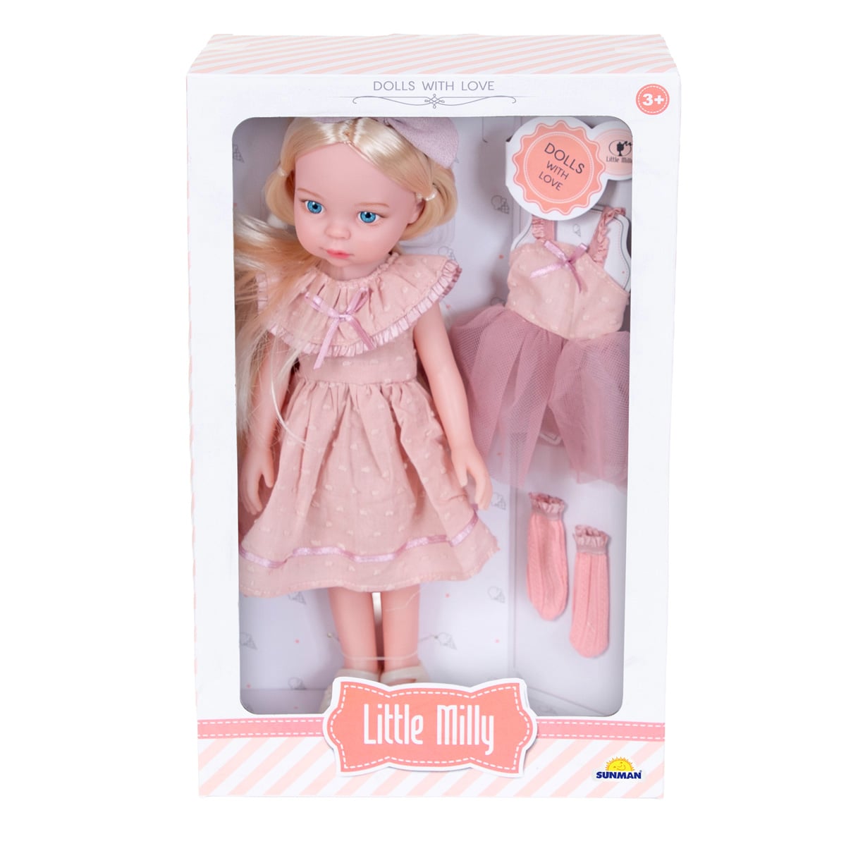 Papusa cu tinuta de schimb, Little Milly, Roz, 33 cm