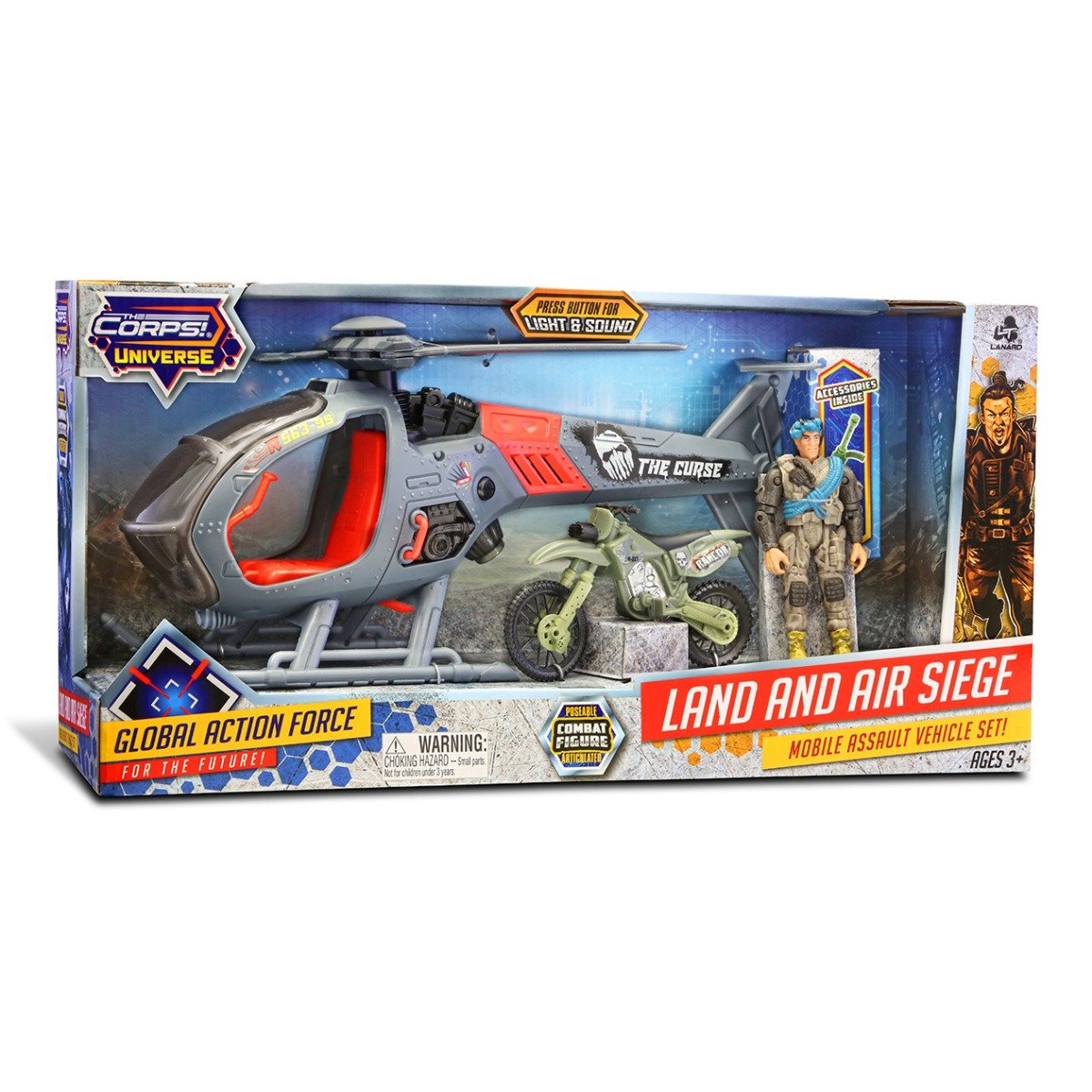 Set elicopter, motocicleta si figurina, The Corps Universe, Lanard Toys Corps imagine noua responsabilitatesociala.ro