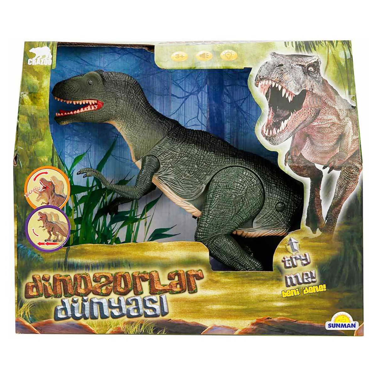 Figurina Dinozaur cu lumini si sunete, Crazoo, Verde Jucarii interactive