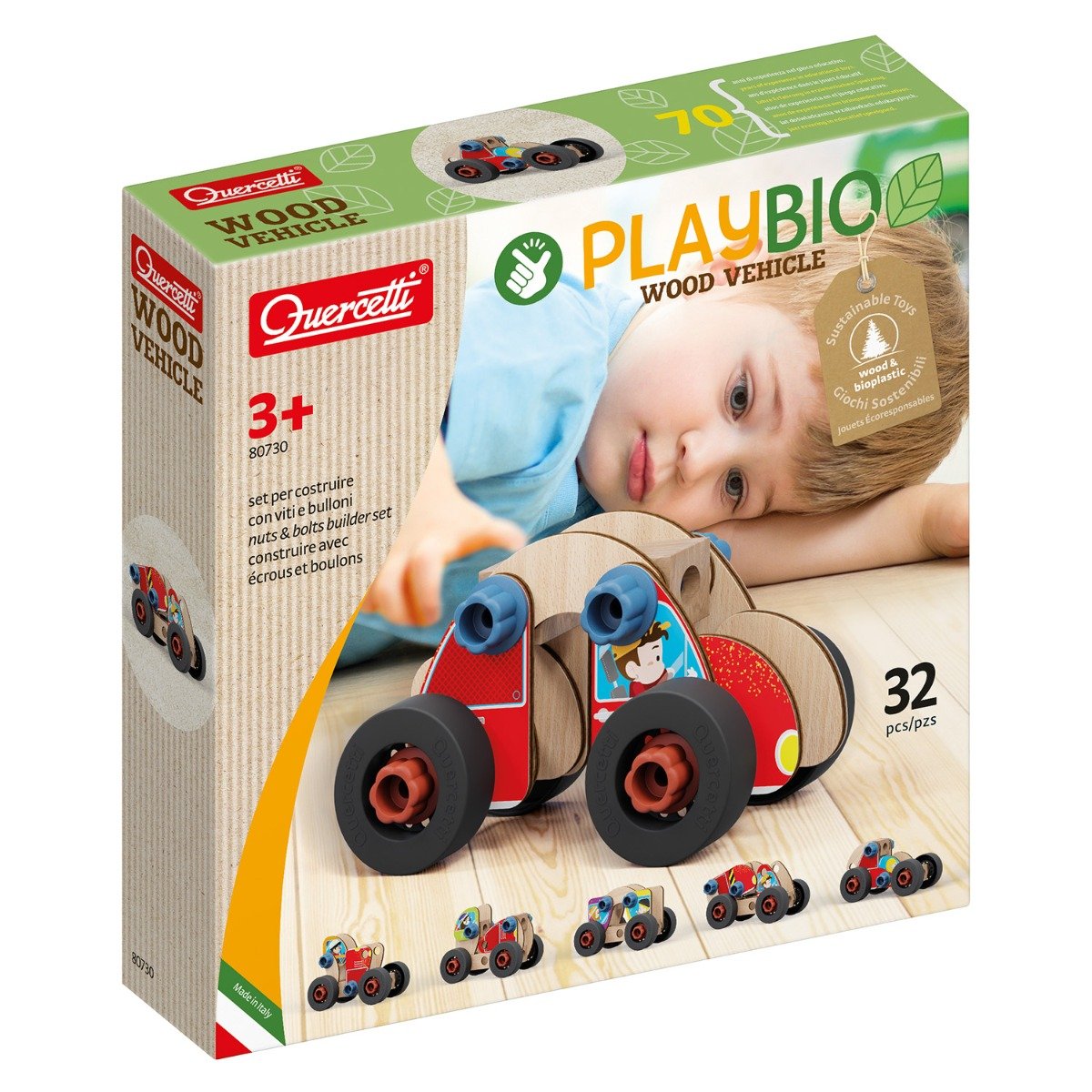 Set constructie, Quercetti, Vehicule din lemn, Play Bio, 32 piese