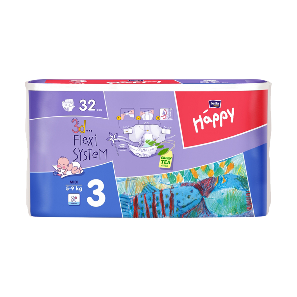 scutece happy midi 3, 32 buc, 5 - 9 kg