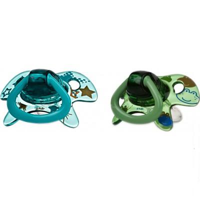 set 2 suzete din silicon ortodontice nuby, 0 - 3 luni - verde / albastru