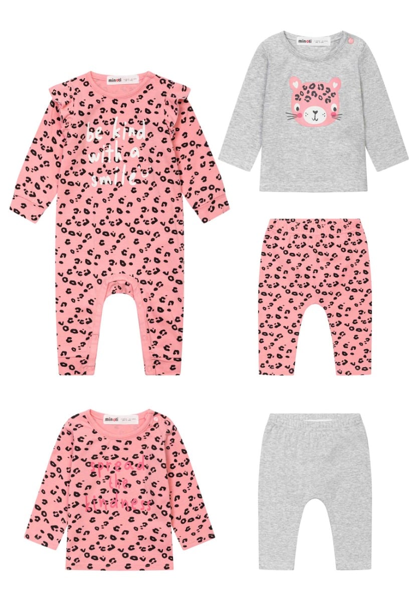 Set bebe salopeta, 2 tricouri si 2 colanti, animal print, Minoti animal imagine noua responsabilitatesociala.ro