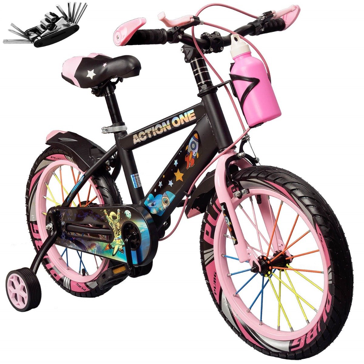 Bicicleta copii cu set de chei inclus, roti ajutatoare si bidon, Action One, Kiddo II, 12 inch, Roz