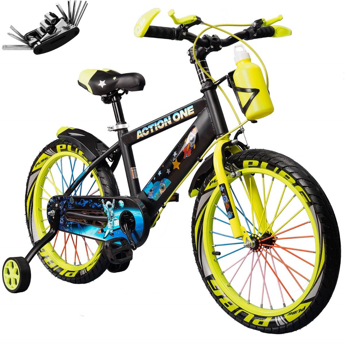 Bicicleta copii cu set de chei inclus, roti ajutatoare si bidon Action One, Cameleon, 14 inch, Verde neon