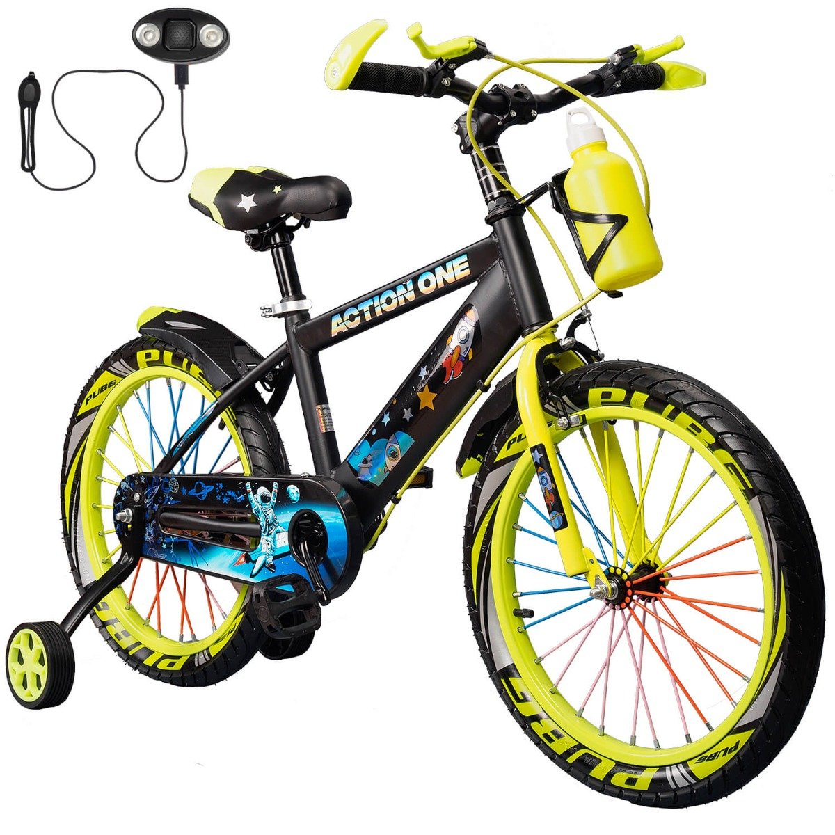 Bicicleta copii cu far si claxon inclus, roti ajutatoare si bidon Action One, Nova II, 18 inch, Verde neon