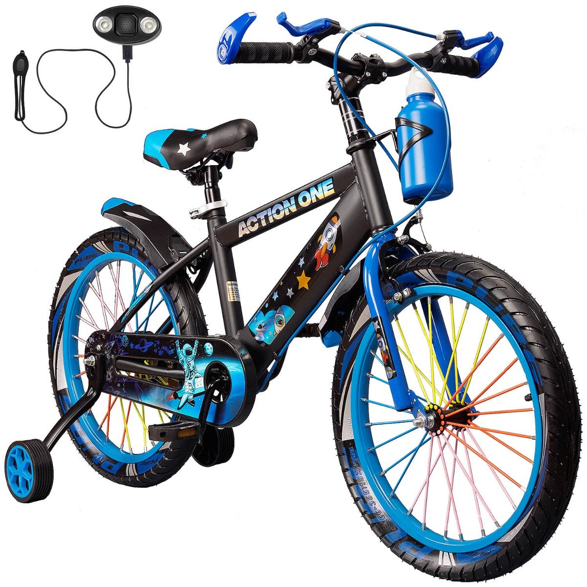 Bicicleta copii cu far si claxon inclus, roti ajutatoare si bidon Action One, SuperNova, 20 inch, Blue