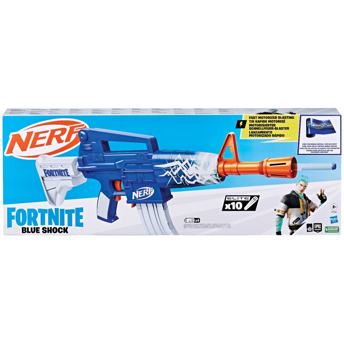 Blaster Nerf cu 10 sageti din spuma, Fortnite Blue Shock