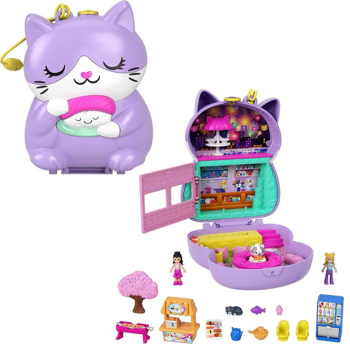 Set de joaca cu 2 papusi si 12 accesorii Polly Pocket Sushi Shop Cat, HCG21