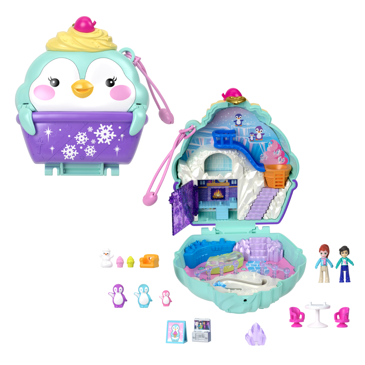 Set de joaca cu 2 papusi si 12 accesorii Polly Pocket, Snow Sweet Penguin, HRD34