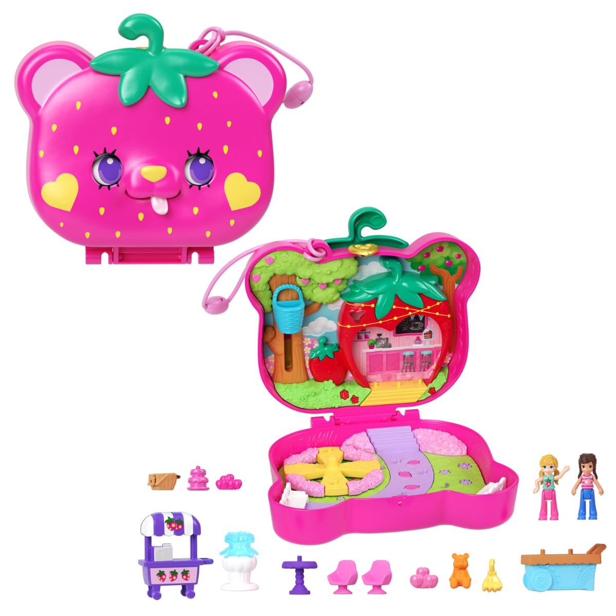 Set de joaca cu 2 papusi si 12 accesorii Polly Pocket, Straw-beary Patch, HRD35