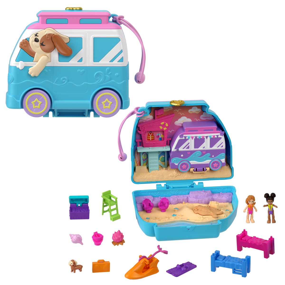 Set de joaca cu 2 papusi si 12 accesorii Polly Pocket, Seaside Puppy Ride, HRD36