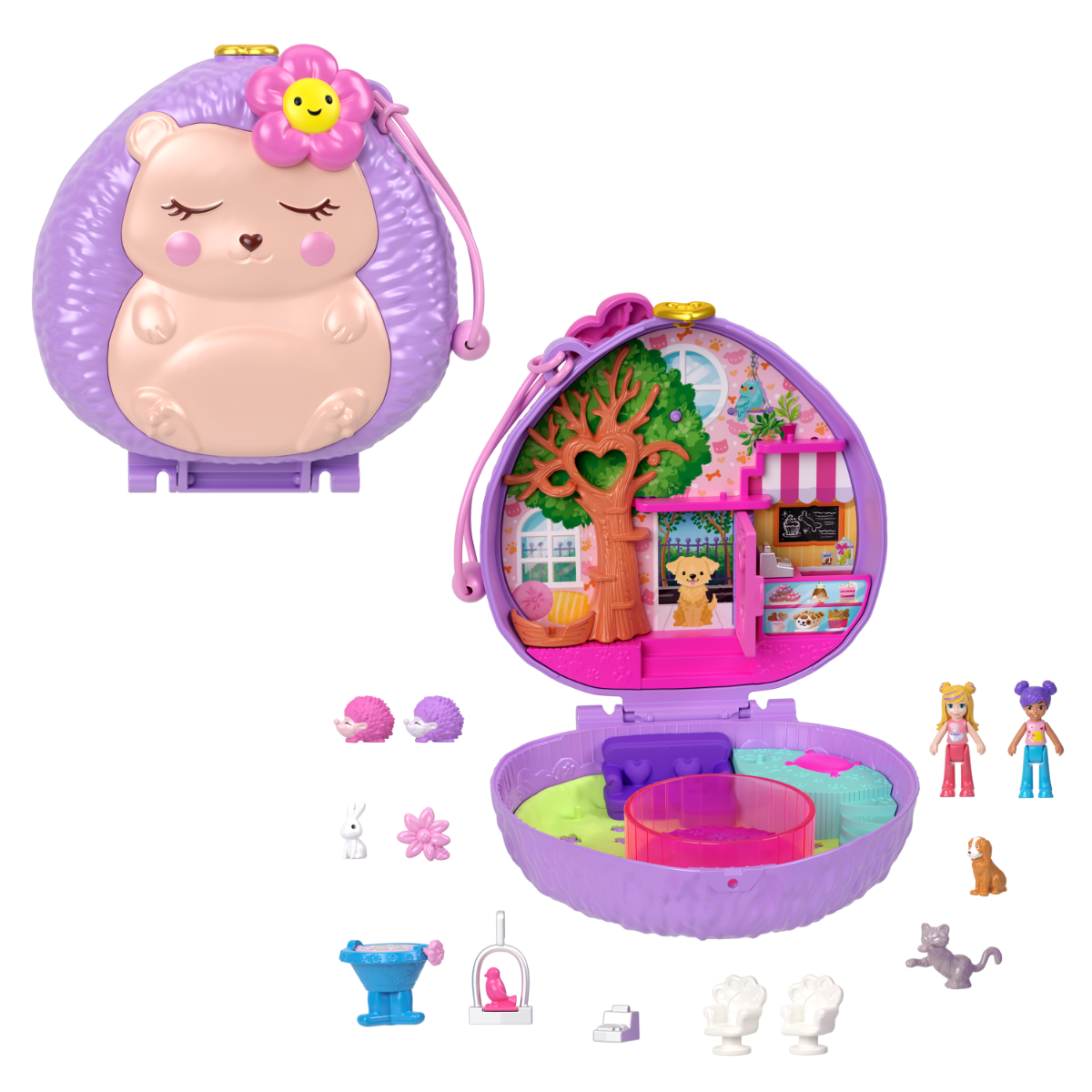 Set de joaca cu 2 papusi si 12 accesorii Polly Pocket, Hedgehog Coffee Shop, HRD37