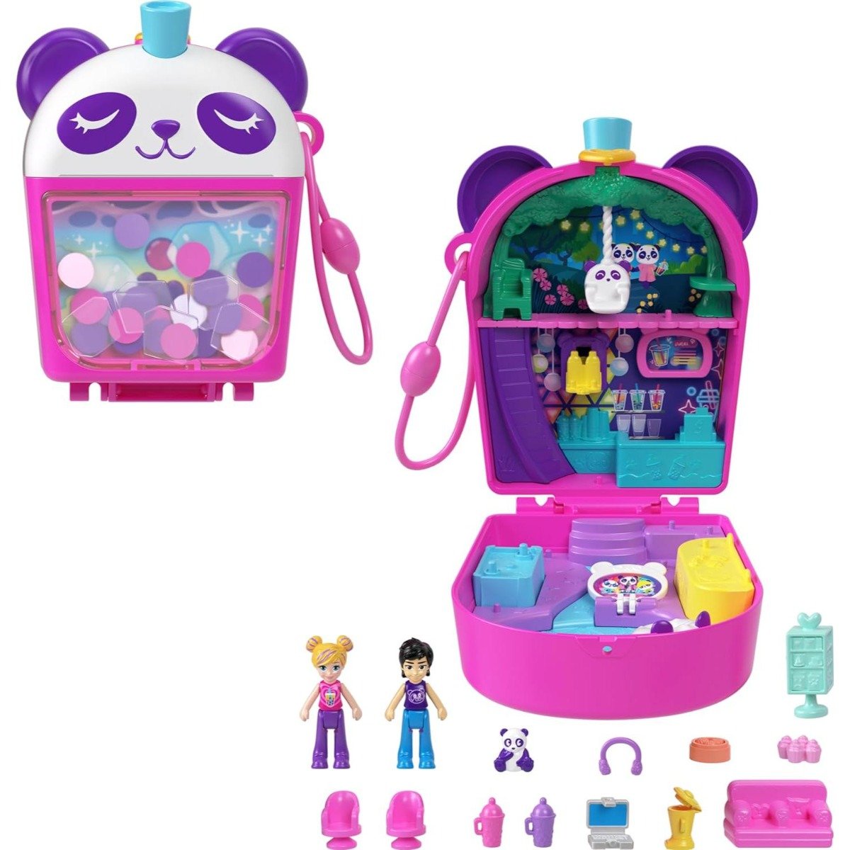 Set de joaca cu 2 papusi si 12 accesorii Polly Pocket, Bubble Tea Panda, HWN95