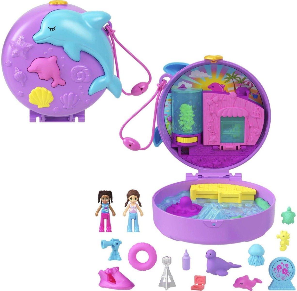 Set de joaca cu 2 papusi si 12 accesorii Polly Pocket, Dolphin Rescue and Play, HWN96