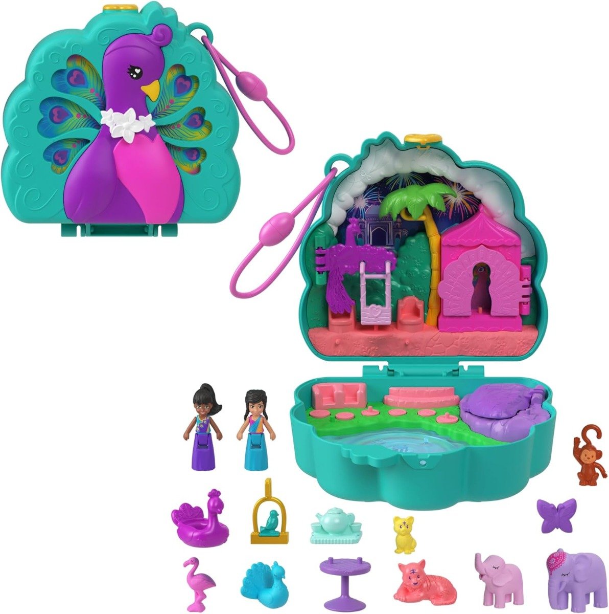 Set de joaca cu 2 papusi si 12 accesorii Polly Pocket, Peacock Garden, HWN97