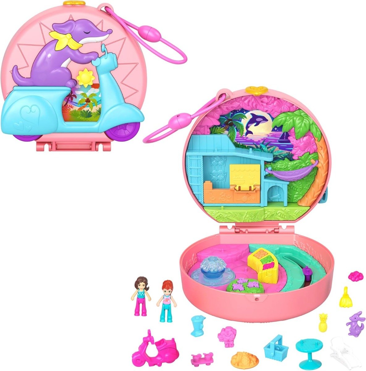 Set de joaca cu 2 papusi si 12 accesorii Polly Pocket, Adventure Moped, HWN98