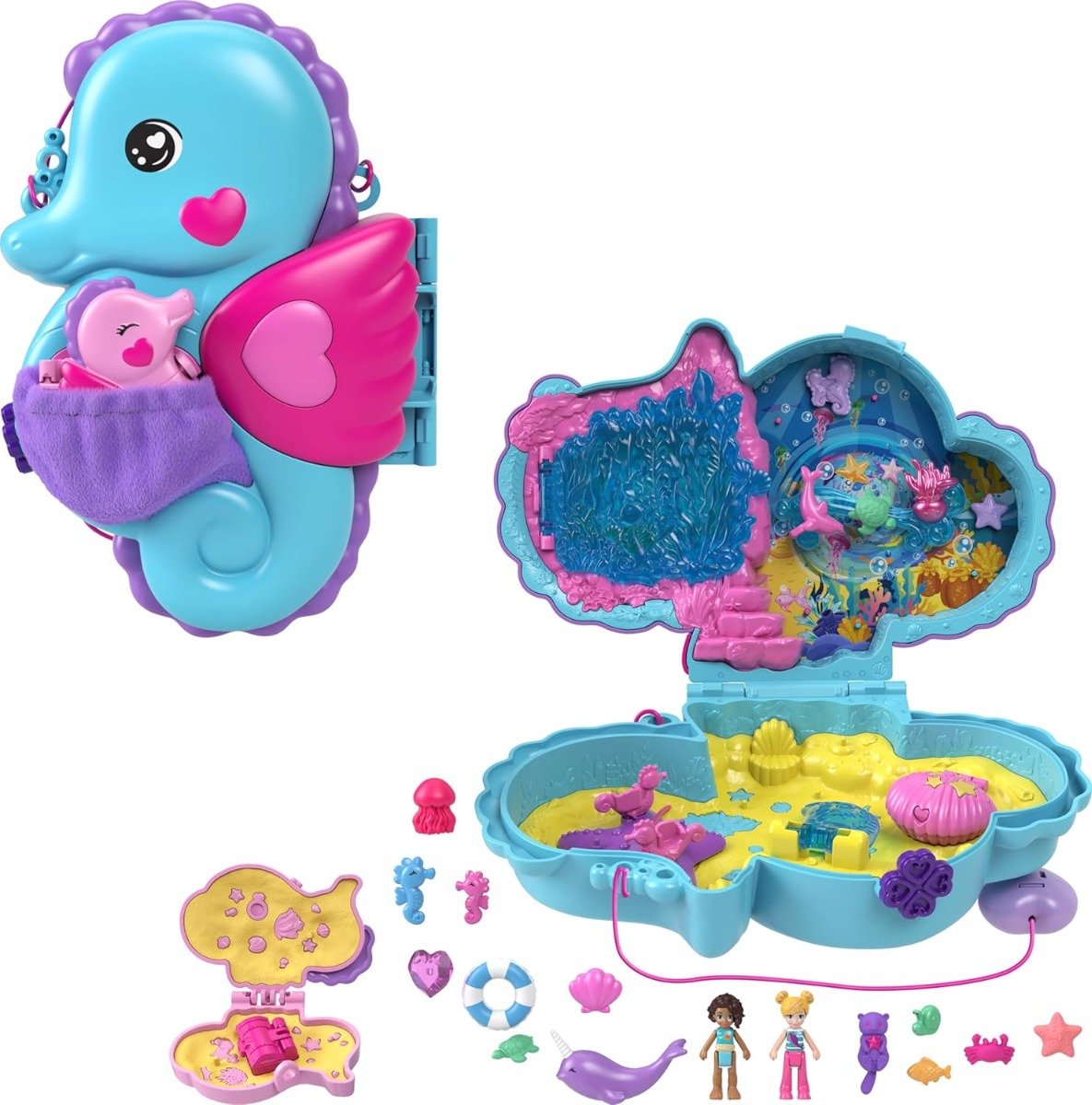 Set de joaca cu 2 papusi si accesorii in gentuta, Polly Pocket, Daddy & Me Seahorse Purse, HWP03