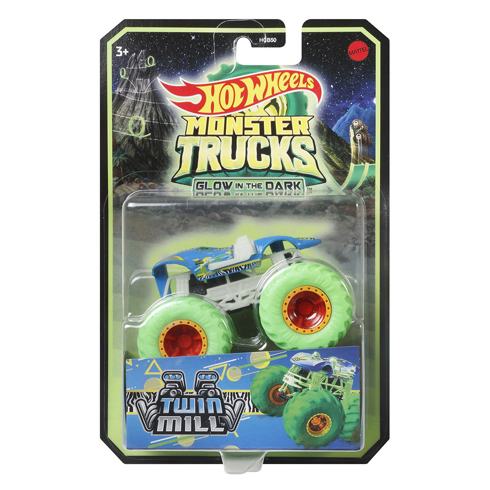 Masinuta Monster Trucks, Hot Wheels, Glow in the Dark, 1:64, Twin Mill, HCB52