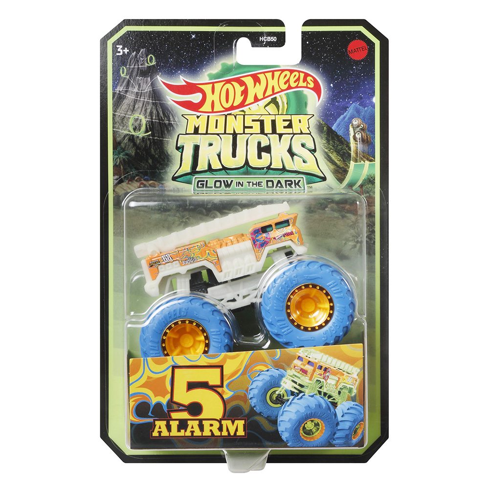 Masinuta Monster Trucks, Hot Wheels, Glow in the Dark, 1:64, 5 Alarm, HCB53