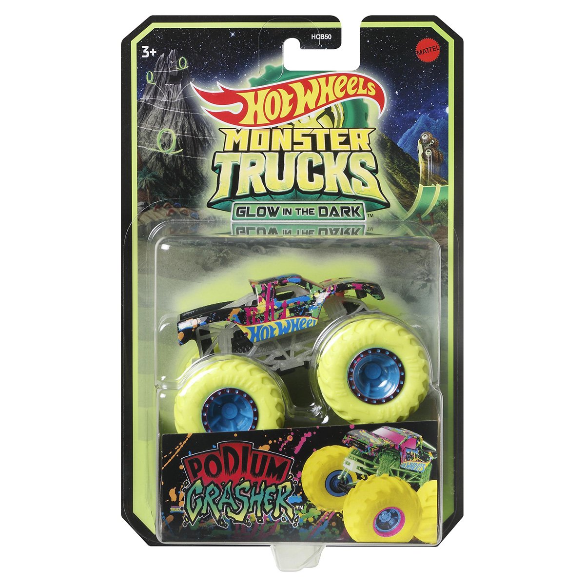 Masinuta Monster Trucks, Hot Wheels, Glow in the Dark, 1:64, Podium Crasher, HCB51
