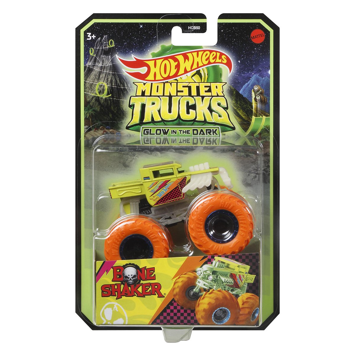 Masinuta Monster Trucks, Hot Wheels, Glow in the Dark, 1:64, Bone Shaker, HCB55