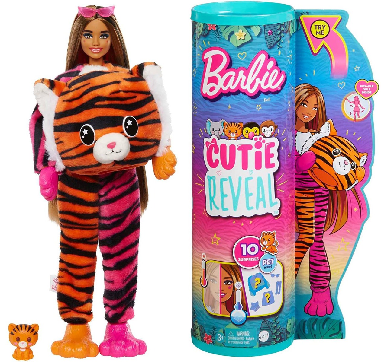 Papusa Barbie, Seria Jungle, Cutie Reveal, Tiger, 10 surprize, HKP99