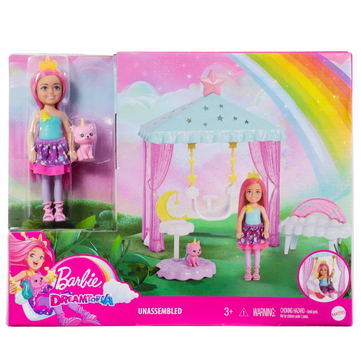 Set cu Papusa, leagan si animalut Barbie Dreamtopia Chelsea, HLC27 Animalut imagine 2022 protejamcopilaria.ro