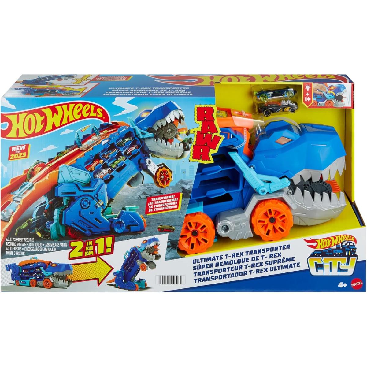 Transportator 2in1 cu doua masinute, Hot Wheels City, Ultimate T-Rex, HNG50