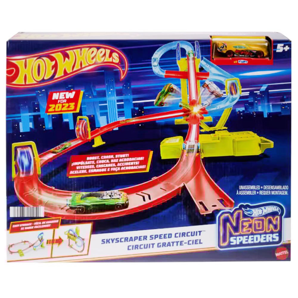 Set de joaca circuit cu masina, Hot Wheels, Neon Speeders, Skyscraper Speed Circuit Track, HPC07