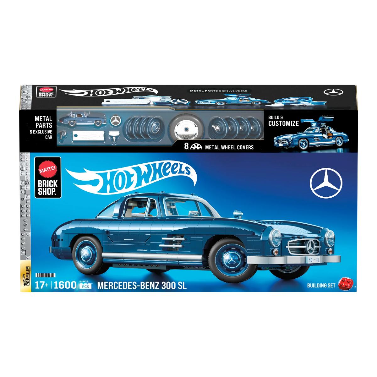 Set de constructie si masina metalica, Brick Shop, Hot Wheels, Mercedes Benz 300 SL, HWW25