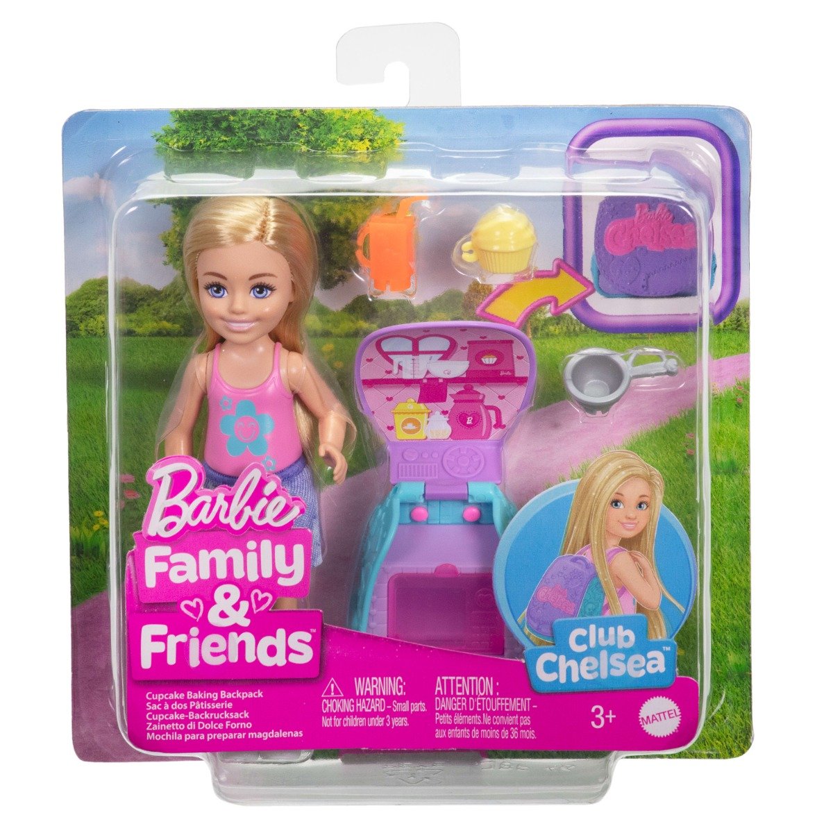 Papusa Chelsea cu accesorii, Barbie, Family & Friends, Cupcake Baking Backpack, JBF46