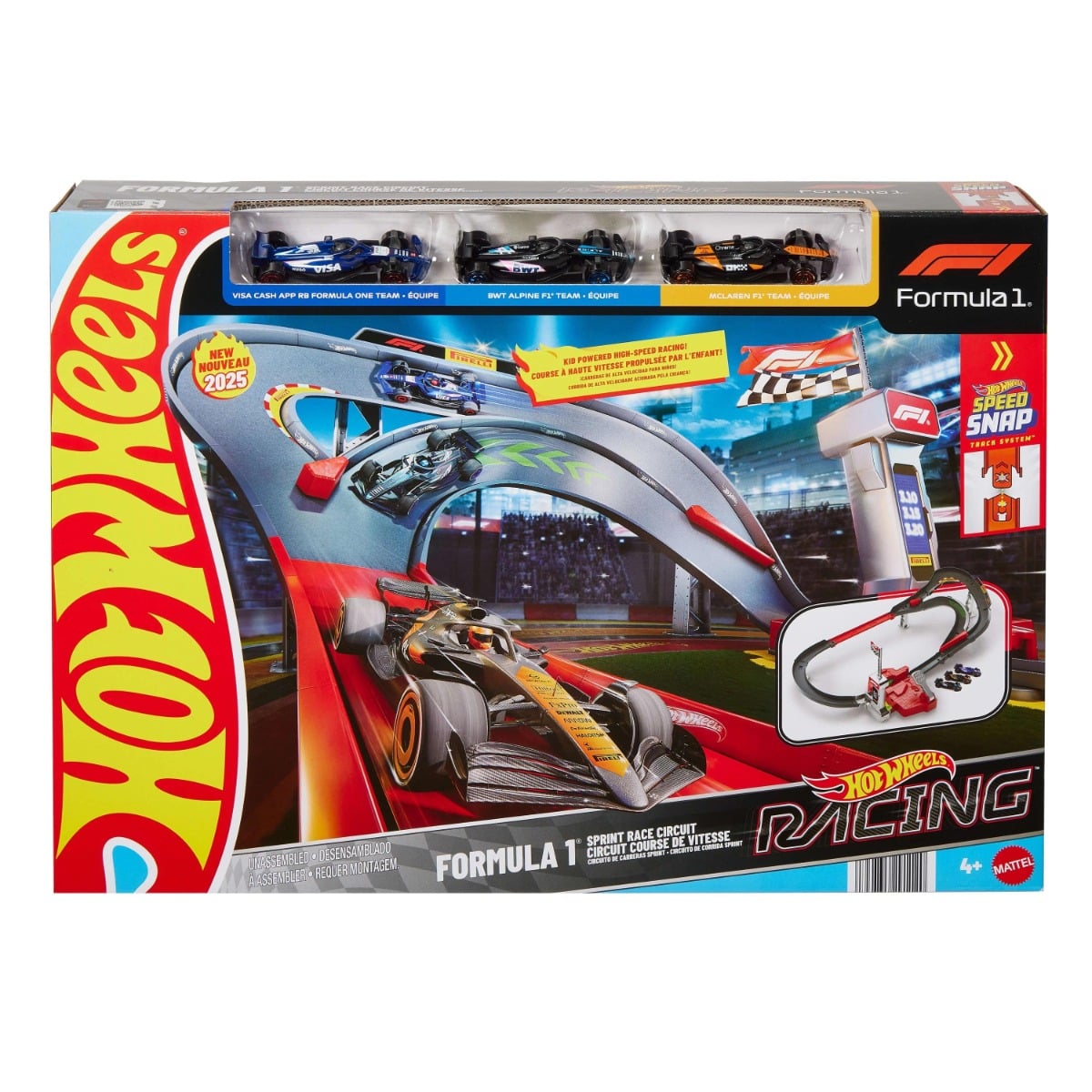 Set de joaca cu 3 masinute si piste Hot Wheels, Formula 1, JDY15