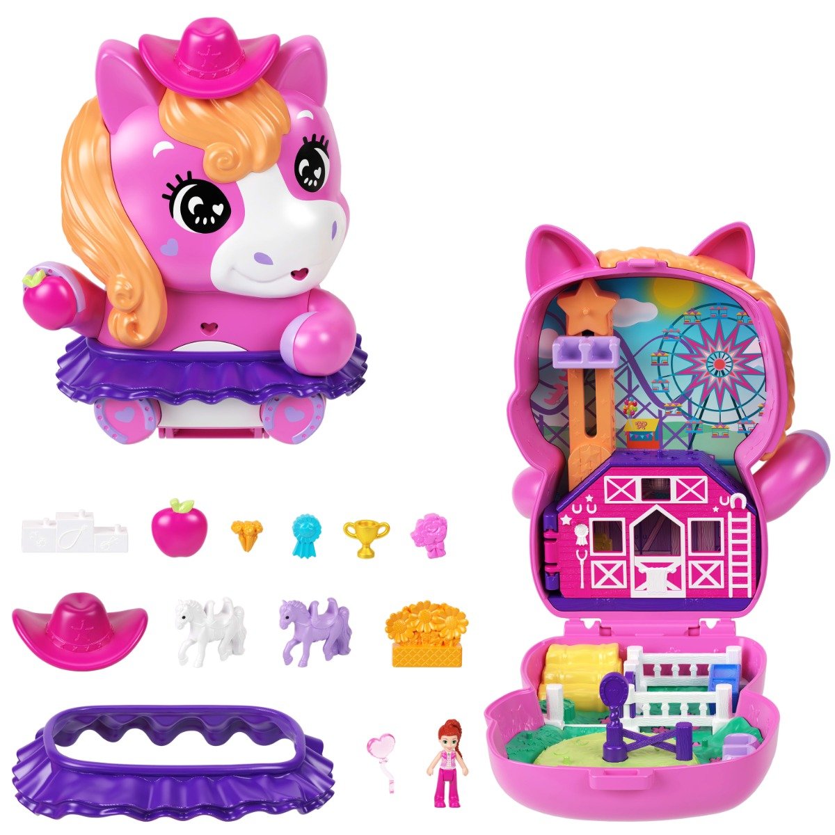 Set de joaca cu papusa si accesorii in gentuta, Polly Pocket, Rodeo Pony, JCR39