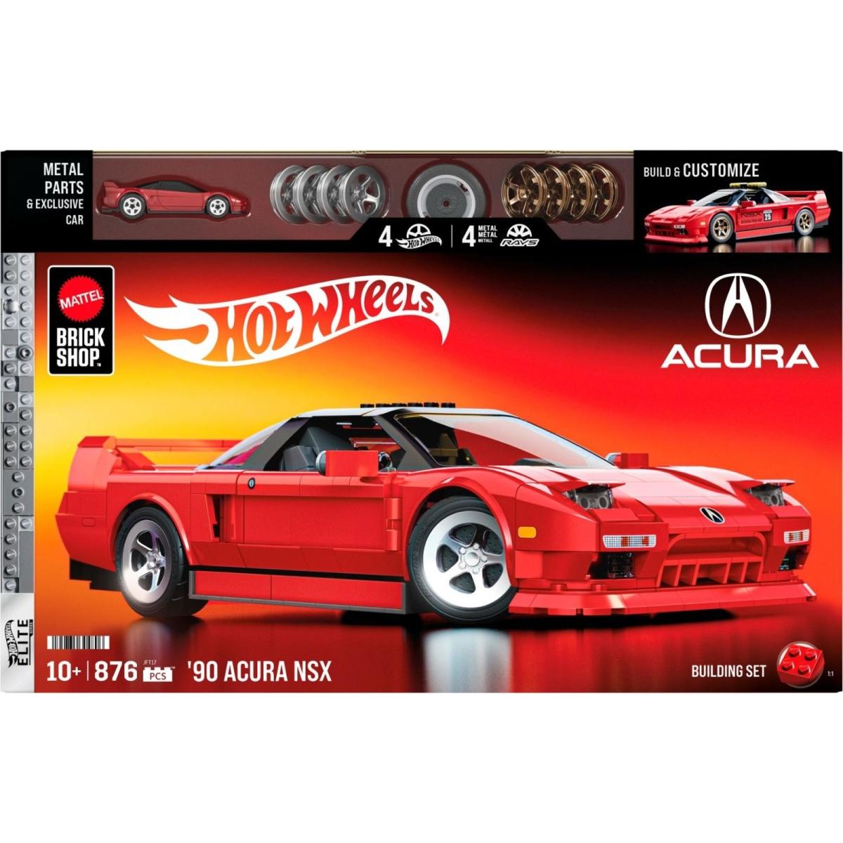 Set de constructie si masina metalica, Brick Shop, Hot Wheels, Honda Acura NSX 90, JFT17