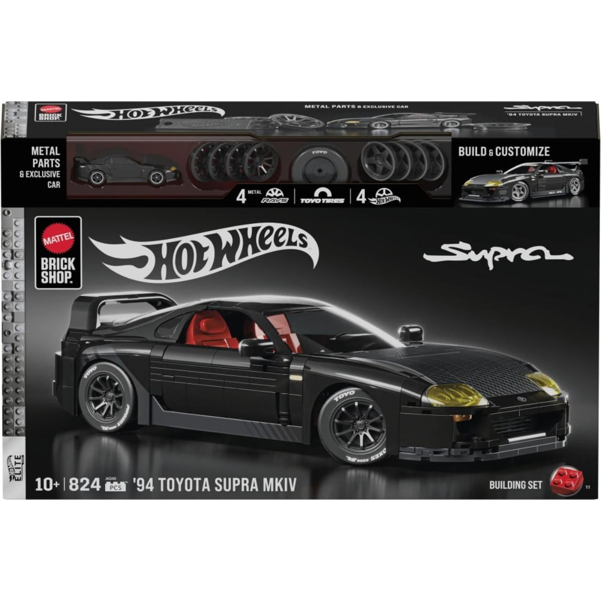 Set de constructie si masina metalica Brick Shop, Hot Wheels, Elite Series, ‘94 Toyota Supra MKIV, JKG40