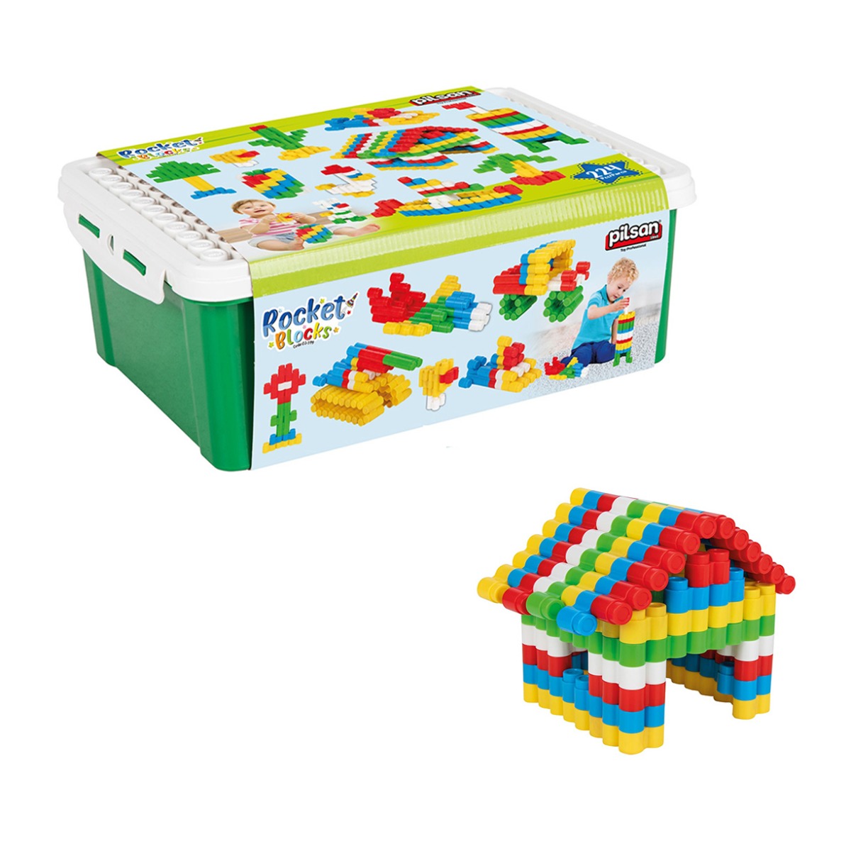 Set de joaca, cutie cu blocuri cilindrice de construit, Pilsan, 224 piese Jucarii Bebelusi 2023-09-26