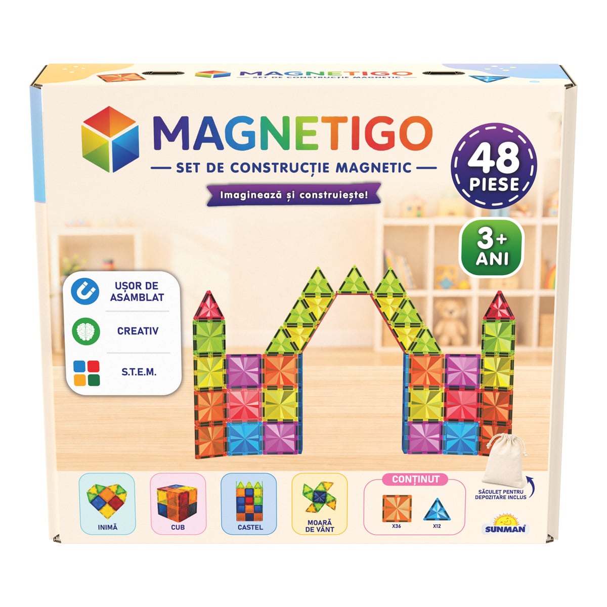Set de constructie magnetic, Magnetigo, 48 piese