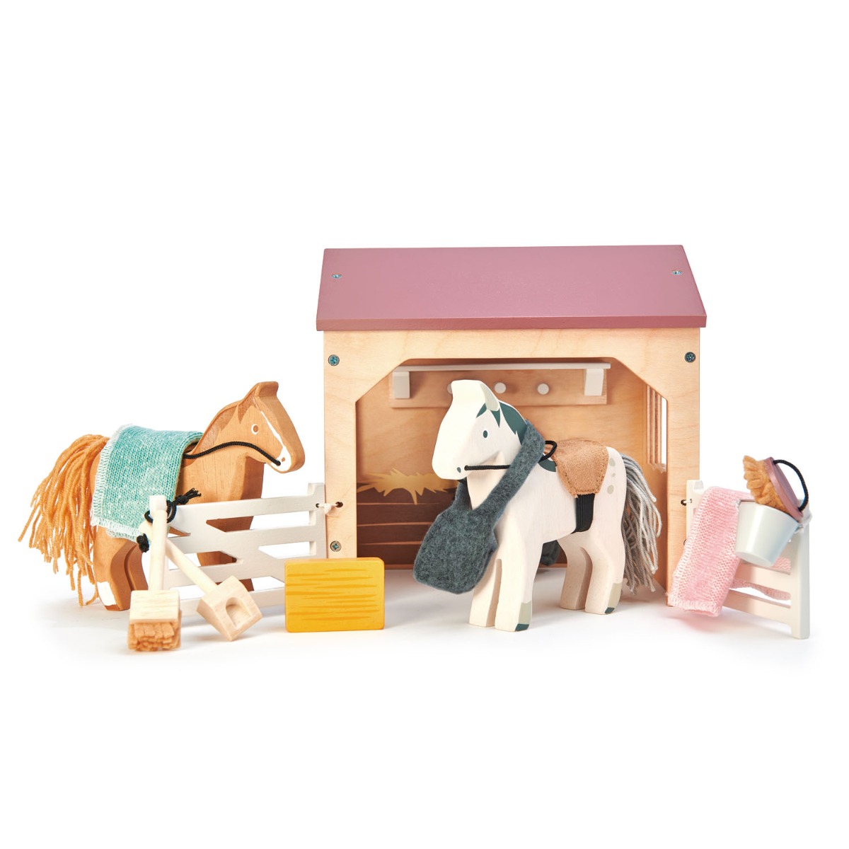 Set figurine din lemn, Grajd cu cai, pentru Casute de papusa, Tender Leaf Toys, 13 piese Cai