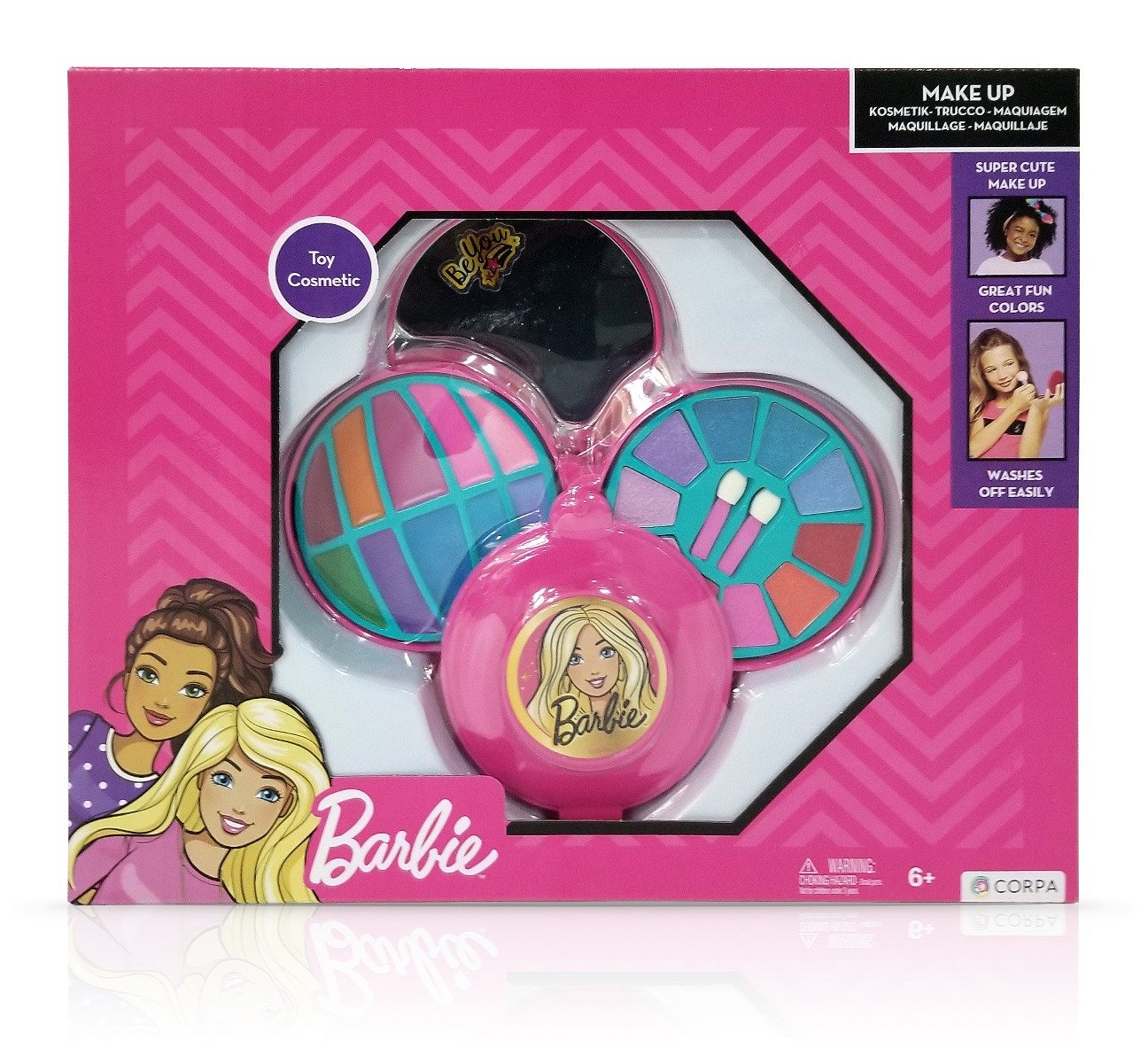 Set de cosmetice in caseta rotunda, cu 3 niveluri, Barbie Barbie imagine 2022 protejamcopilaria.ro